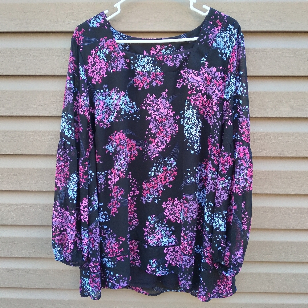Lane Bryant Sz 24 Floral Black Purple Pink Top Shirt